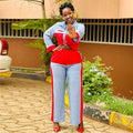 European and american women's clothing  autumn new collection: sweet and fresh color block long sleeve shirt with high-waisted straight-leg pants two-piece set