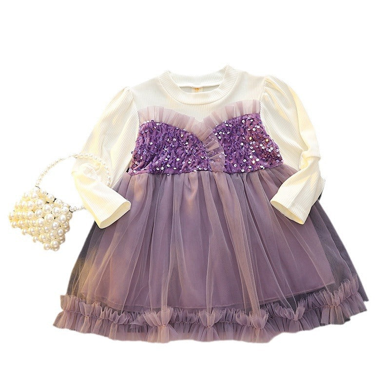 Girls' spring mesh princess dress - kids' round neck sequin party dress with long sleeves and layered tulle skirt