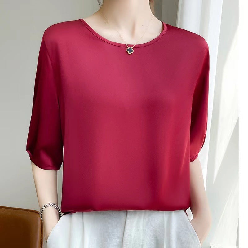 Faux silk five-sleeve t-shirt for women - new summer collection, elegant and relaxed fit, mid-sleeve tee, crew neck top