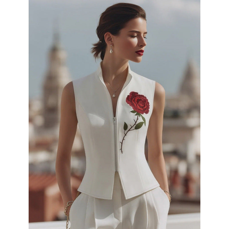 european and american cross-border independent station new sleeveless rose embroidery top