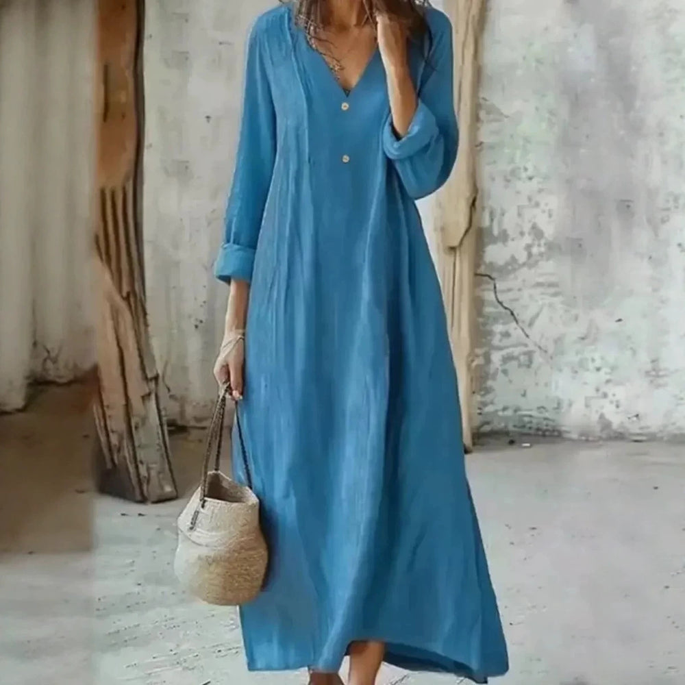 New arrival: cross-border  women's cotton linen v-neck maxi dress - fashionable, casual, long sleeve, button-down, loose fit