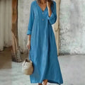 New arrival: cross-border  women's cotton linen v-neck maxi dress - fashionable, casual, long sleeve, button-down, loose fit