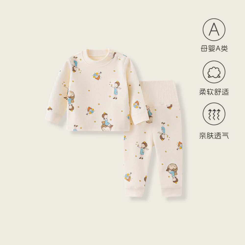 Baby clothes soft fleece cotton spring/autumn style high-waisted belly protection pajamas autumn/winter base layer warm clothes two-piece set