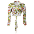 D3267  new fashion european and american foreign trade women's cross-border printed turn-down collar tie-neck long sleeve european and american blouse