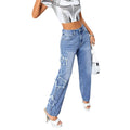 Export star jeans for women new arrival independent station ripped and worn straight-leg pants high waist washed jeans