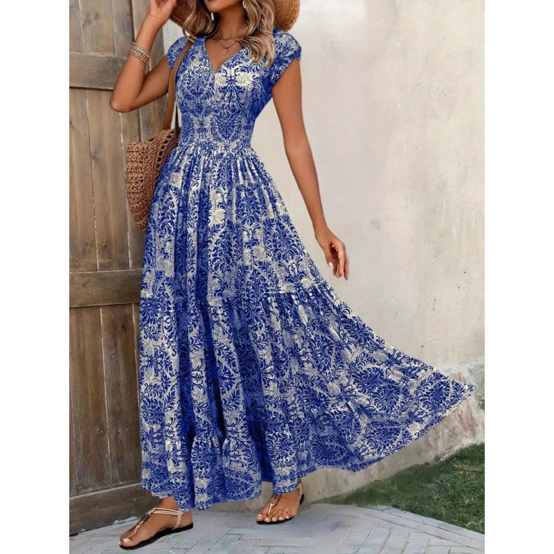 Shipped: bestselling new printed v-neck, cinched-waist maxi dress for independent e-commerce stores – european and american cross-border summer dress