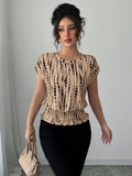 cross-border   independent station fashion women's summer short sleeve round neck elastic waist printing shirt