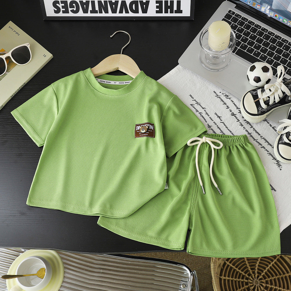 Summer kids' waffle knit short sleeve set: boys' casual activewear, girls' loose-fit t-shirt, wholesale baby clothes