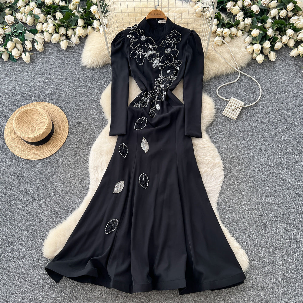 Luxury chic white lantern sleeve stand collar dress - women's  autumn embroidered slim-fit workwear maxi dress