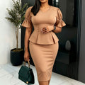 summer new arrival: khaki short-sleeve a-line dress with ruffle trim and decorative buttons - slim-fit, bodycon, and perfect for work