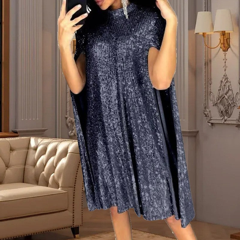 spring new    european and american foreign trade small stand collar sequin dress loose women's clothing