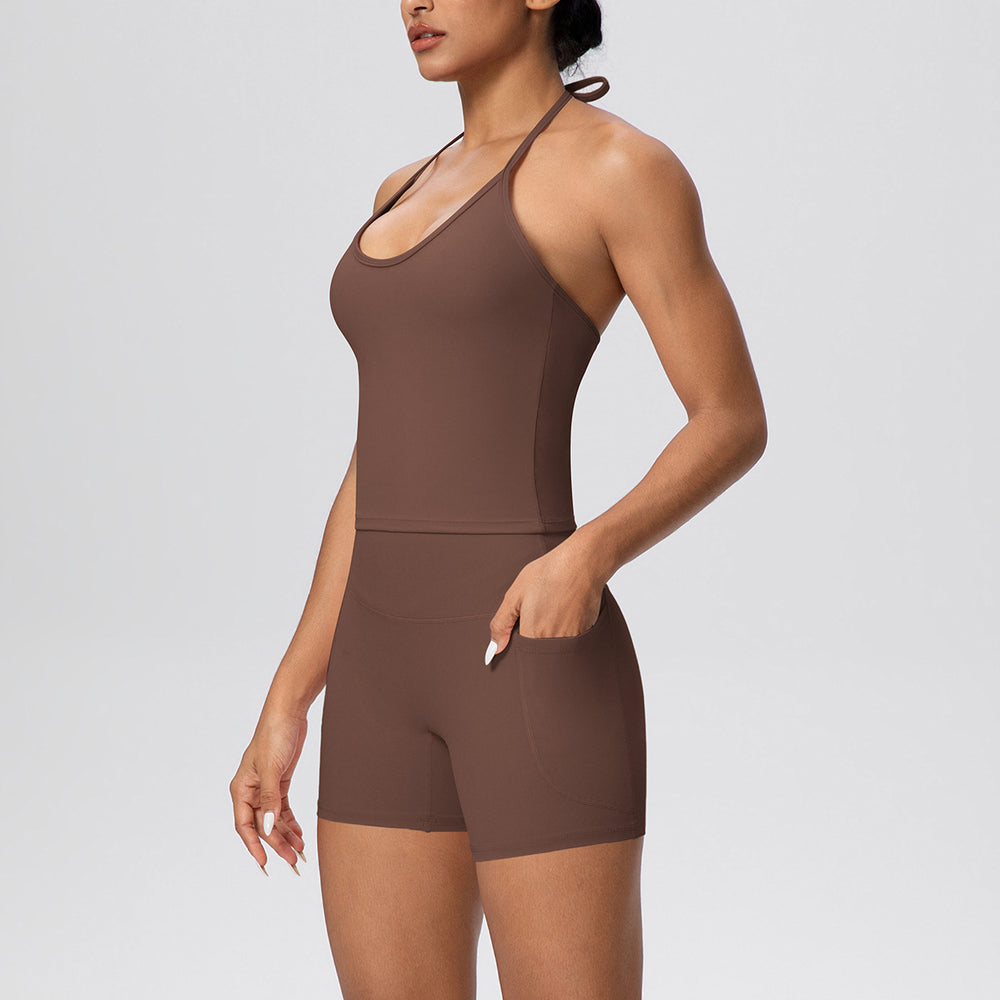 pure color brushed beautiful back tight strap halterflap pocket pants yoga suit sports running shortstwo-piece set