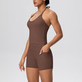 pure color brushed beautiful back tight strap halterflap pocket pants yoga suit sports running shortstwo-piece set