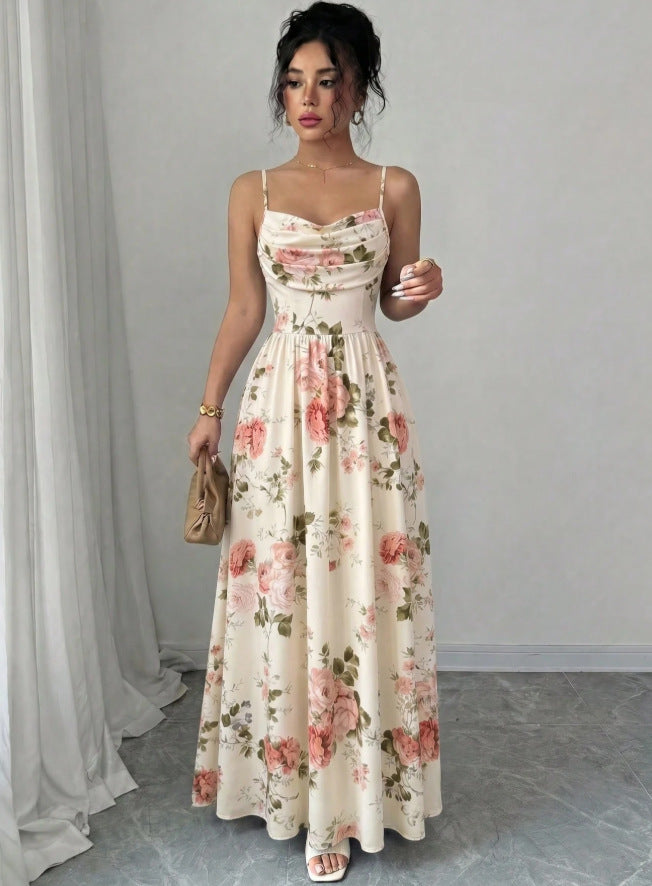 european and american style women's elegant slim-fit printed slip dress with cinched waist