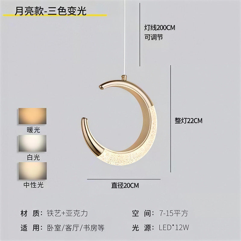 Luxury gold crystal crescent moon ring bedside pendant light - modern minimalist c-ring for bedroom, bar, entryway, and boutique hotel ambiance