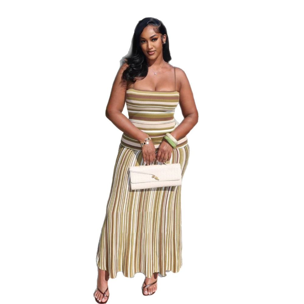 European and american cross-border women's fashion  summer new arrival: elegant striped sleeveless cami top and high-waisted midi skirt set