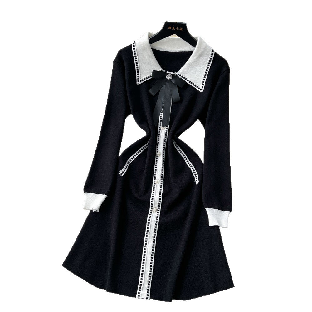 Xiaoxiangfengclassyfashionablecontrast color lapelbowssingle breasted waist slimming lookelegantknittingdress women