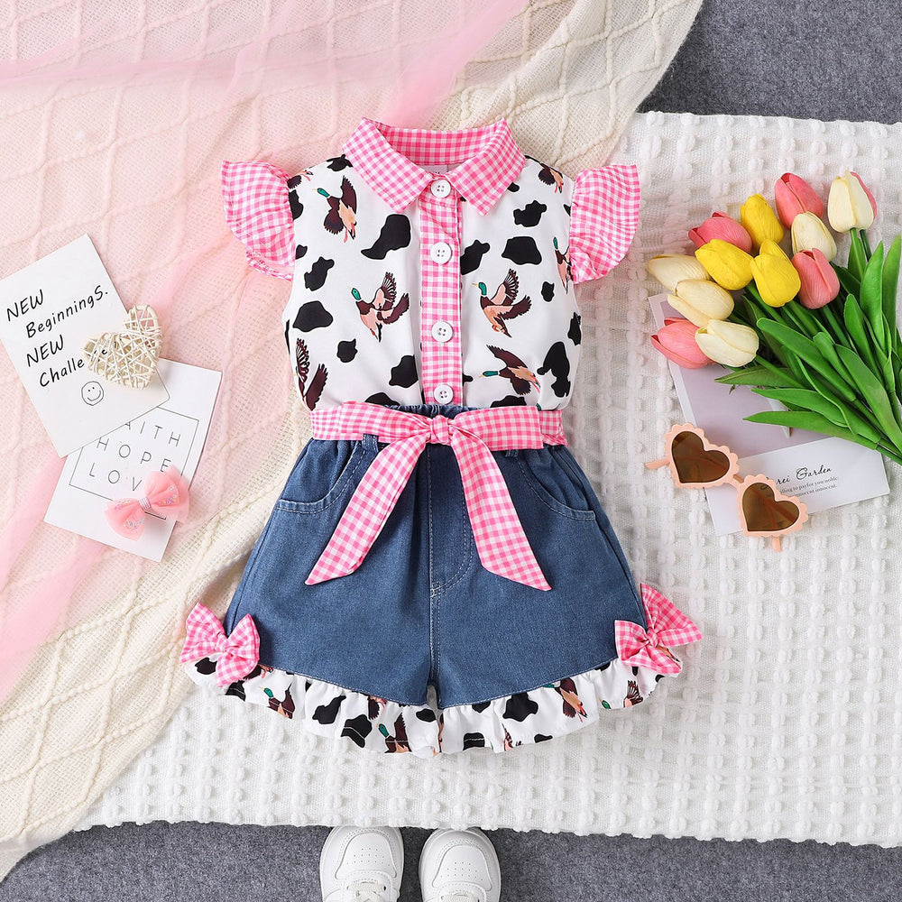 Children's clothing  cross-border fashion pink plaid printed pattern tops denim