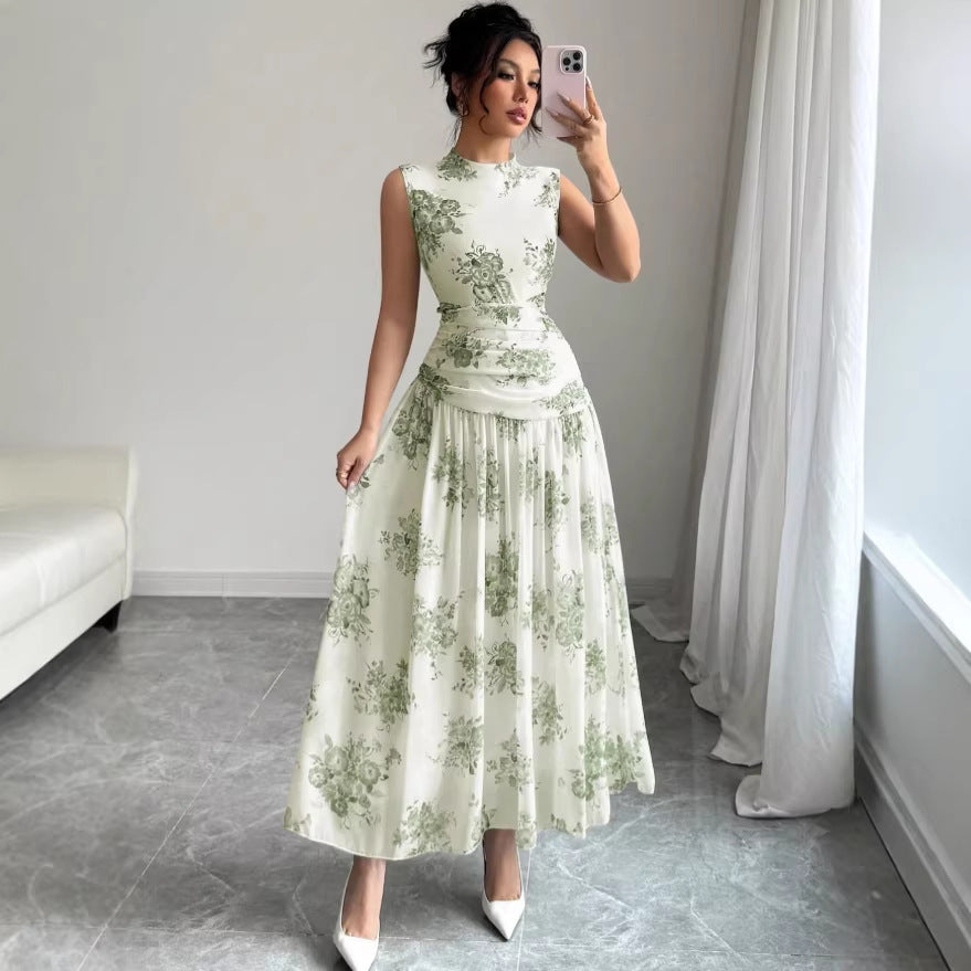 european and american cross-border new arrival: elegant round neck sleeveless maxi dress - trendy vacation style with floral print and cinched waist