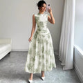 european and american cross-border new arrival: elegant round neck sleeveless maxi dress - trendy vacation style with floral print and cinched waist