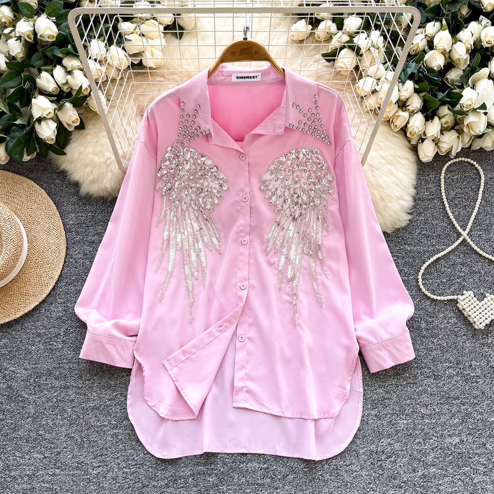 Classy heavy industry diamond-encrusted polo collar long sleevesshirt women's looseslimming lookcasualsequinembroider single-breasted tops