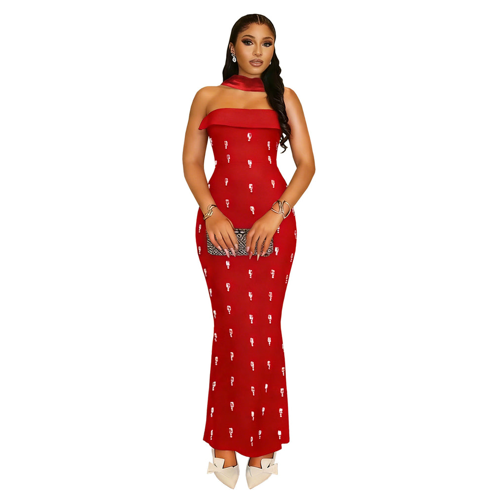 C7626 cross-border   fashion women's elegant bandeau dress set with rhinestone embellishments and ribbon detail