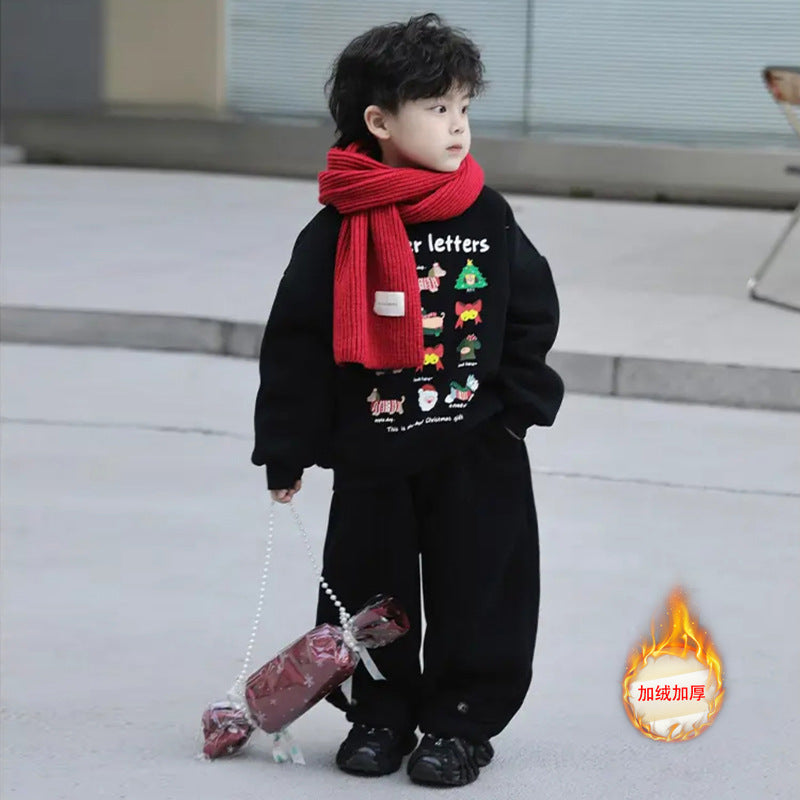 Boys'  hoodie set - autumn/winter outfit for older kids, two-piece set, children's winter fleece-lined korean style premium look