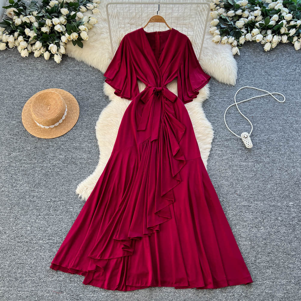 Elegant accessible luxuryclassydressniche stylefrenchfashionv neck bell sleeves tie waist asymmetrical long skirt