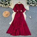 Elegant accessible luxuryclassydressniche stylefrenchfashionv neck bell sleeves tie waist asymmetrical long skirt