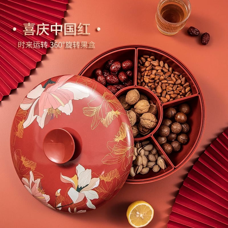 Chinese-style red rotating dried fruit box, household high-end housewarming, Chinese New Year grid fruit plate, living room snacks, melon seeds display plate