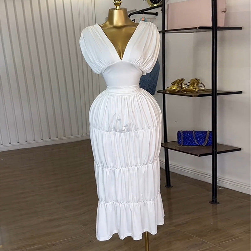 European and american cross-border women's fashion:  autumn new arrivals - sexy and elegant v-neck, waist-cinching white dress with ruched detailing