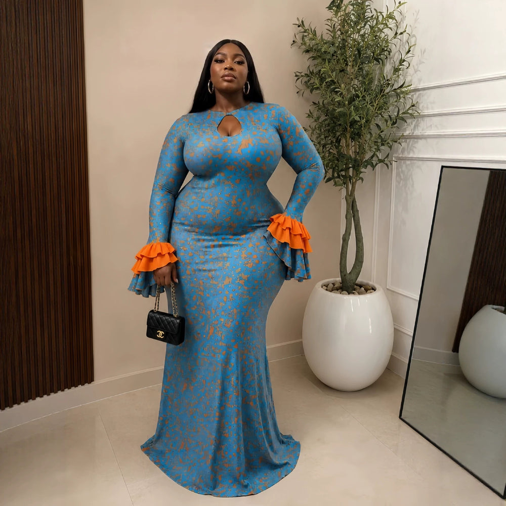 European and american cross-border women's fashion  summer new arrival: flared long sleeve crew neck hollow-out bodycon floral maxi dress
