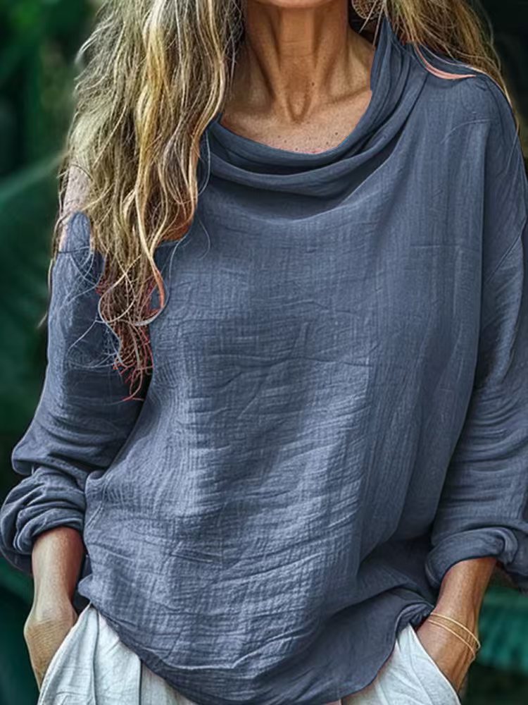 European and American  spring new women's clothing casual loose fashion long-sleeved solid color stacked collar pullover pleated top