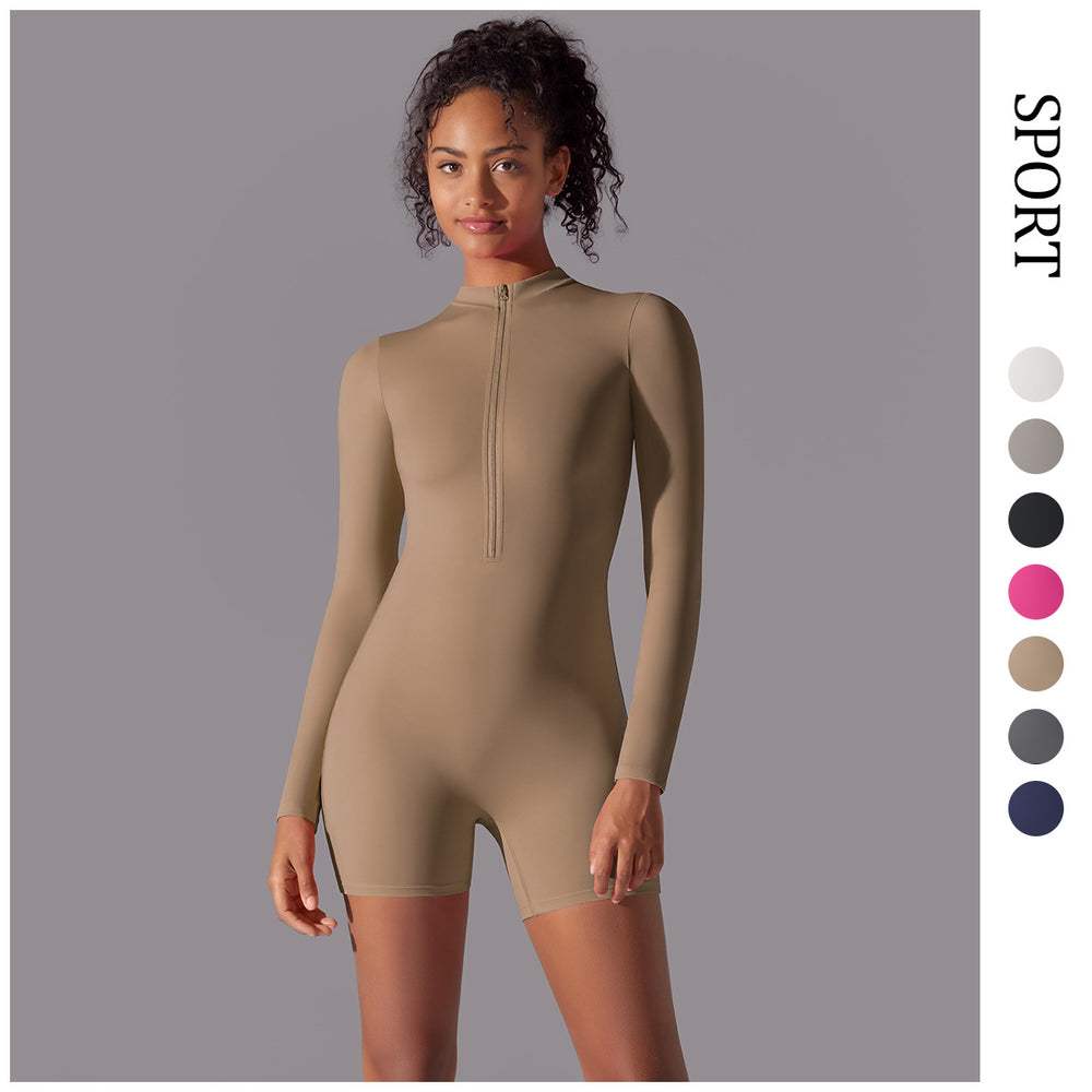 Half-open collar zipper long sleeves jumpsuit fitness sports sexy tight jumpsuit brushed nude comfortable yoga clothes