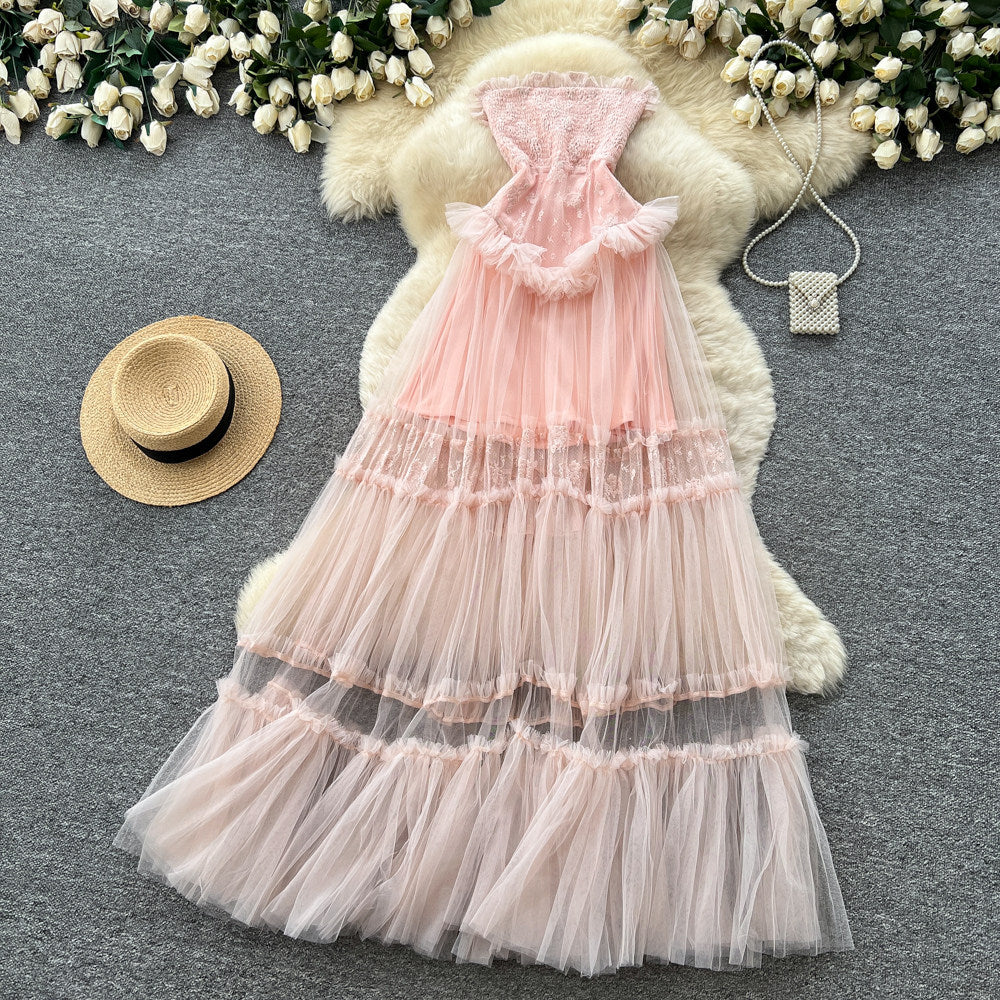 Fairy styletube tophalterlacepatchworkdress women's summer sleeveless high waist large swing long skirt sense of design waist skirt