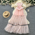 Fairy styletube tophalterlacepatchworkdress women's summer sleeveless high waist large swing long skirt sense of design waist skirt