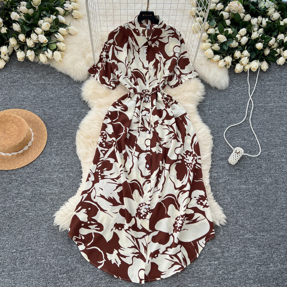 European and american style printed short-sleeve dress - women's autumn polo collar tie-waist design, unique and chic, elegant maxi dress