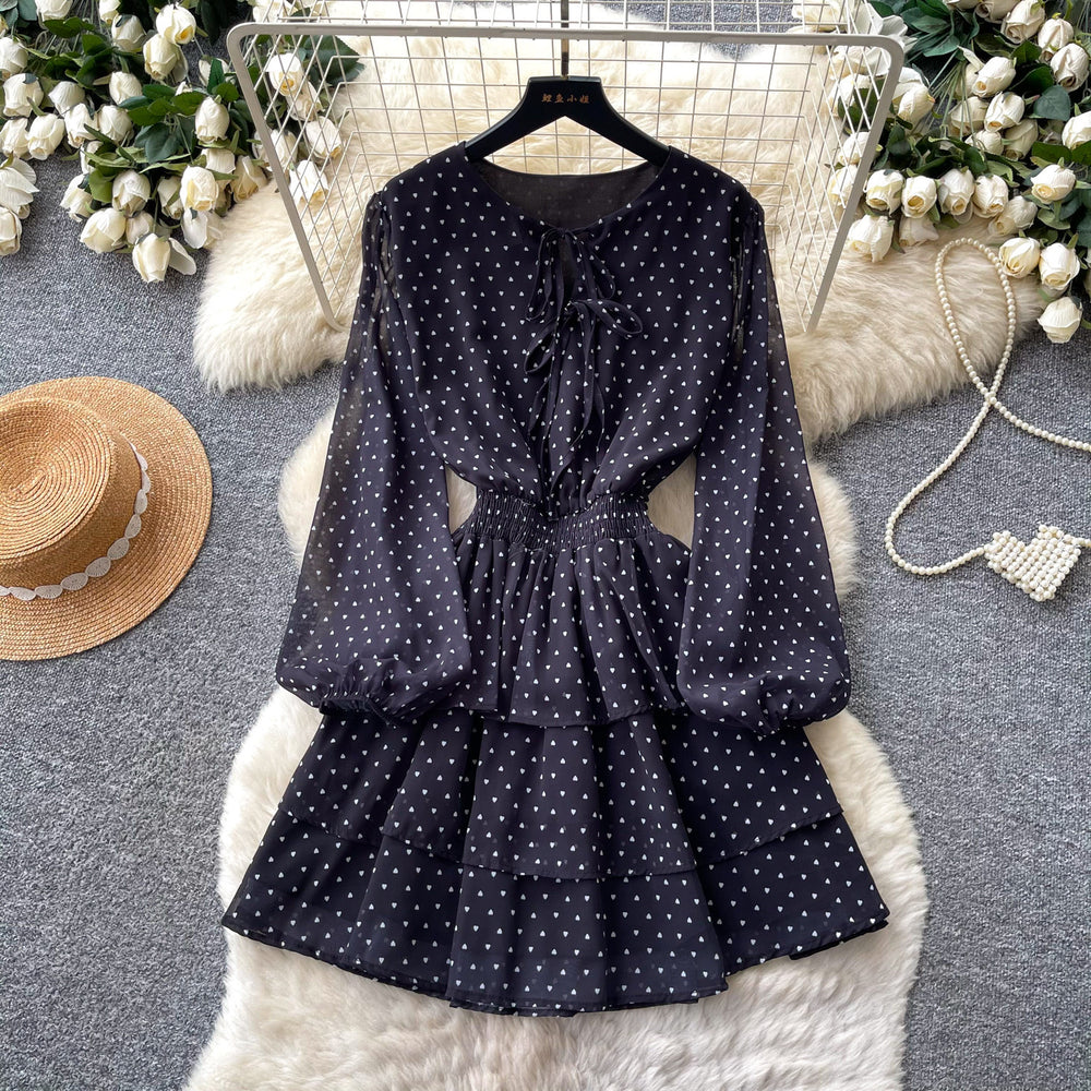 Korean style red polka dot slim-fit dress - women's summer long sleeve ruffle hem waist-cinching slimming high-end tiered dress