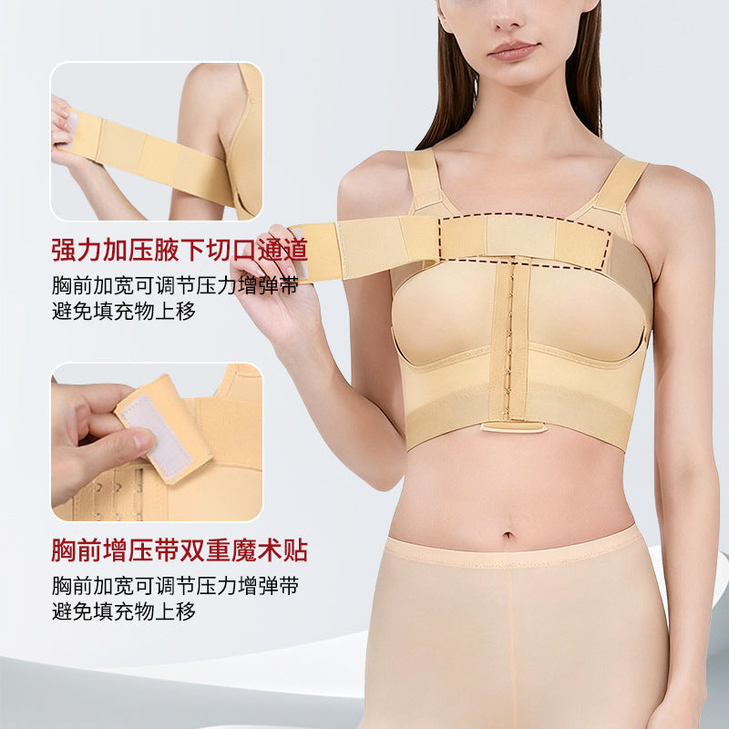 Post-implant breast lift shapewear: wireless bra with chest binder for post-surgery recovery and side boob contouring