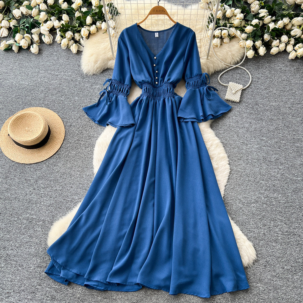 Vintage chic lantern sleeve v-neck tie-up dress - spring korean style women's red slimming waist elegant maxi dress