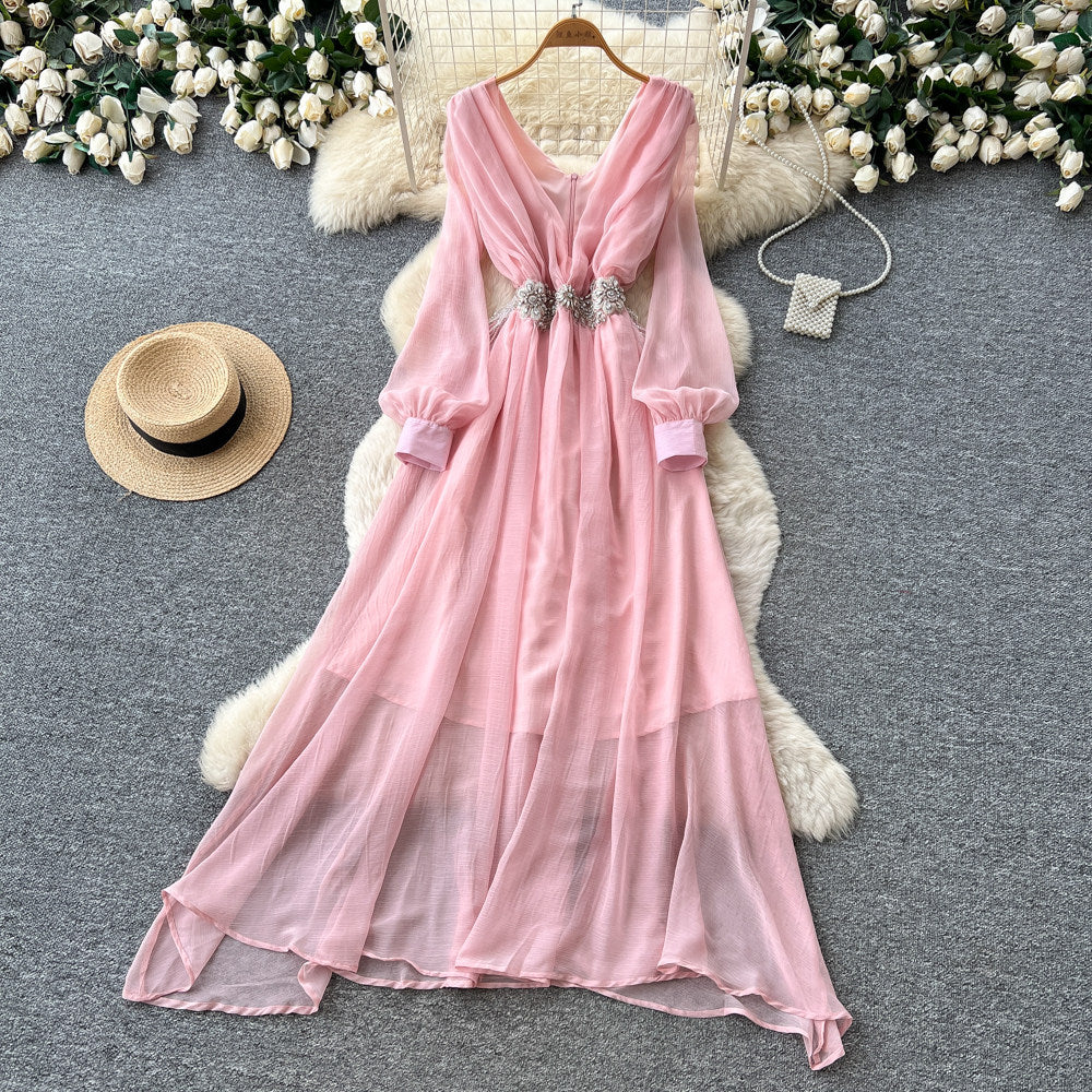 Elegant v-neck lantern sleeve dress - korean style, diamond embellished, slimming, and graceful maxi dress
