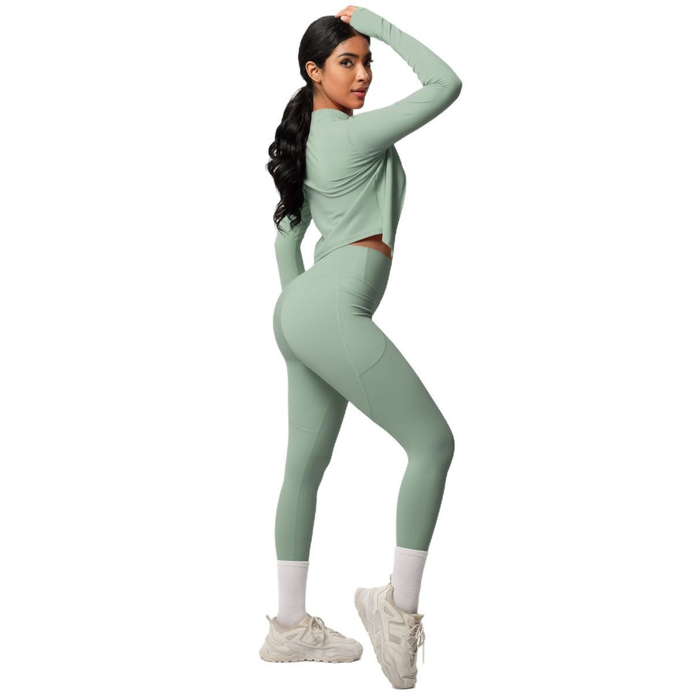 European and american high-waisted butt-lifting tight pocket pants quick-dry yoga set cloud-like running fitness apparel three-piece activewear set