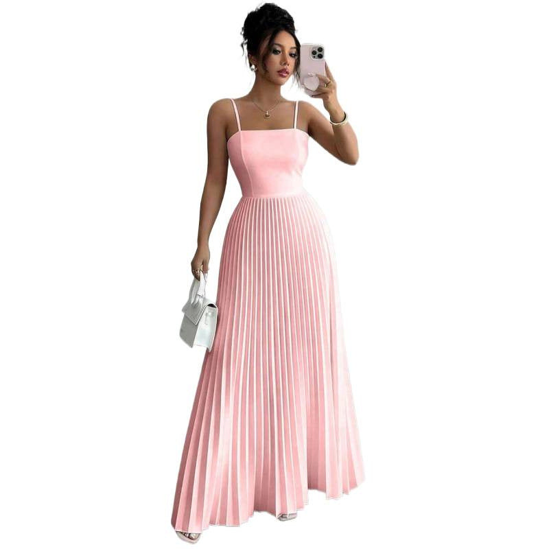 Amazon european goods summer fashion elegant solid color pleated waist-defining long slip dress