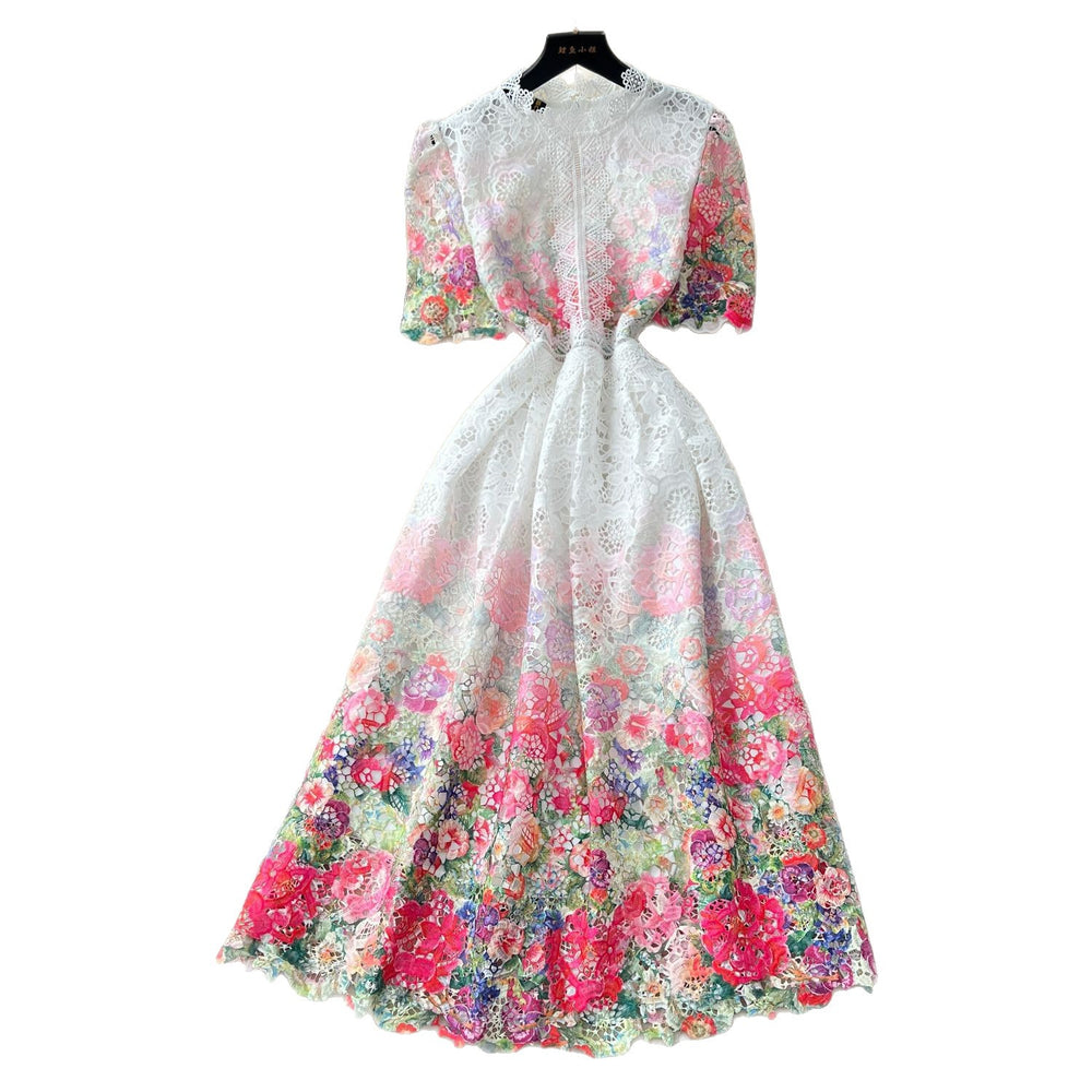 Luxury french-style gradient print dress - women's summer heavy-duty hollow-out crochet dress - elegant and sophisticated maxi dress