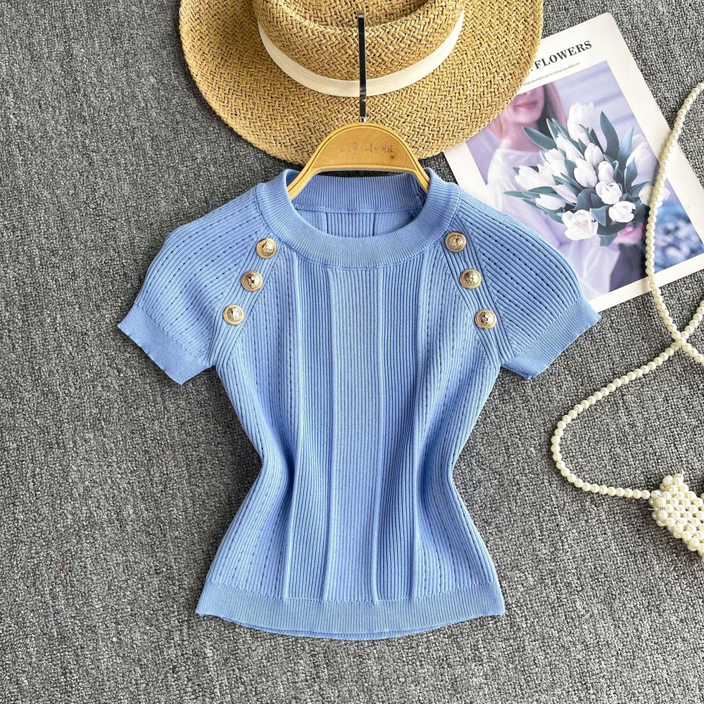 Fashion hot girl knitting round neck t-shirt women's summer thin shortslimming looksense of designeasiest for match fried street pure desiretops