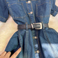 Dark blue denim dress women's summerretro single-breasted lapel waist strap slimming look a-line mid-length skirt