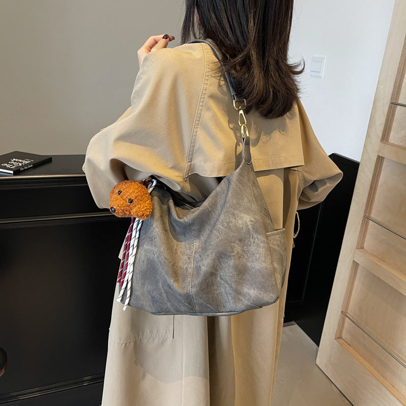 Grey textured large-capacity casual messenger bag 2025 new trendy fashion versatile simple style shoulder bag big bag