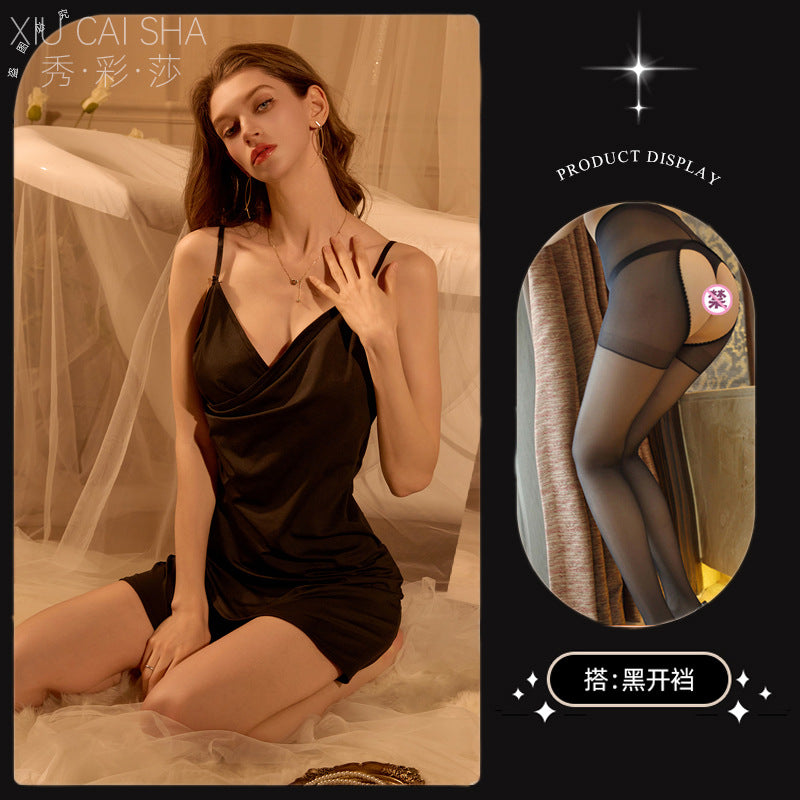 New arrivalsexy deep v pleated double-layer overlapping suspender hip-covering sexy intimates short skirt pure desire temptation hot nightgown
