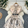 Belted dress -  summer collection: figure-flattering, slim-fit, french-inspired vintage short-sleeve printed maxi dress with a flowy hem
