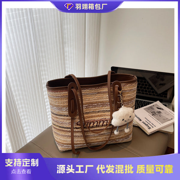 Cross-border hand-woven straw bag women's large capacity 2025 new summer shoulder tote seaside vacation beach bag